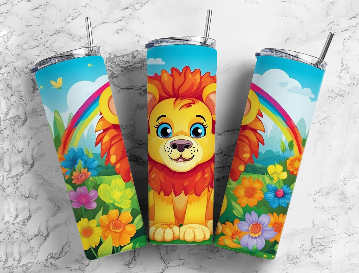 Cartoon Lion 20oz Sublimation Tumbler Designs, Rainbow Flowers t 9.2 x 8.3”  Tumbler Png, Digital Download