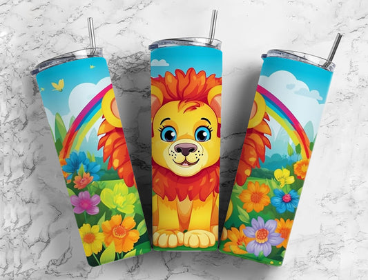 Cartoon Lion 20oz Sublimation Tumbler Designs, Rainbow Flowers t 9.2 x 8.3”  Tumbler Png, Digital Download