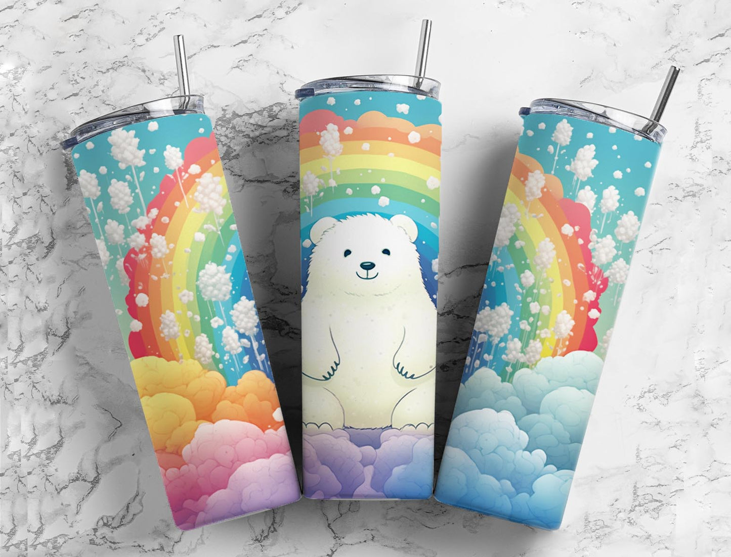 Polar Bear 20oz Sublimation Tumbler Designs, Rainbow Clouds 9.2 x 8.3”  Tumbler Png, Digital Download