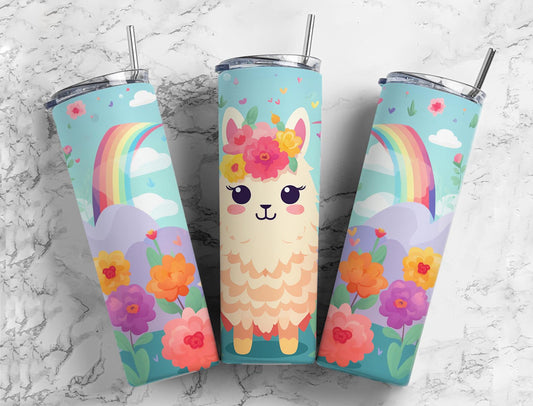 Cartoon Llama 20oz Sublimation Tumbler Designs, Rainbow Flowers 9.2 x 8.3”  Tumbler Png, Digital Download