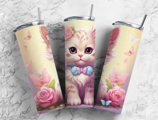 Pink Butterfly Flower Cat 20oz Sublimation Tumbler Designs, Cute Baby Cat 9.2 x 8.3”  Tumbler Png, Digital Download