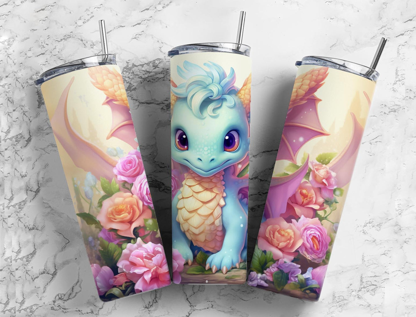 Pink Flower Dragon 20oz Sublimation Tumbler Designs, Cute Baby Dragon 9.2 x 8.3”  Tumbler Png, Digital Download