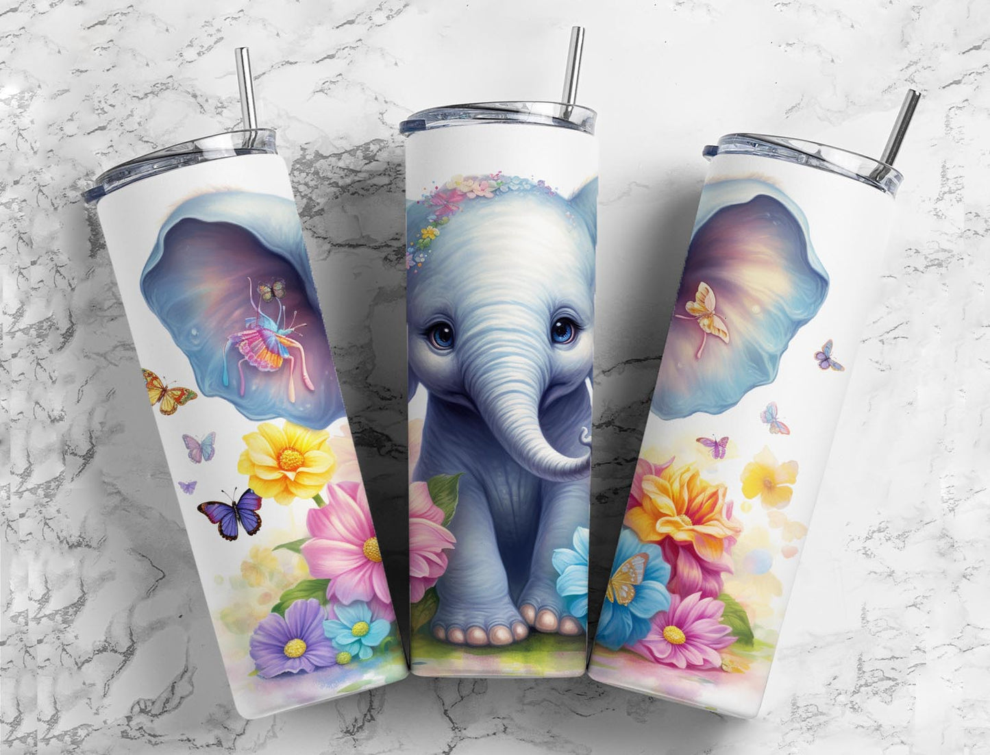 Colorful Flower Elephants 20oz Sublimation Tumbler Designs, Cute Elephants 9.2 x 8.3”  Tumbler Png, Digital Download