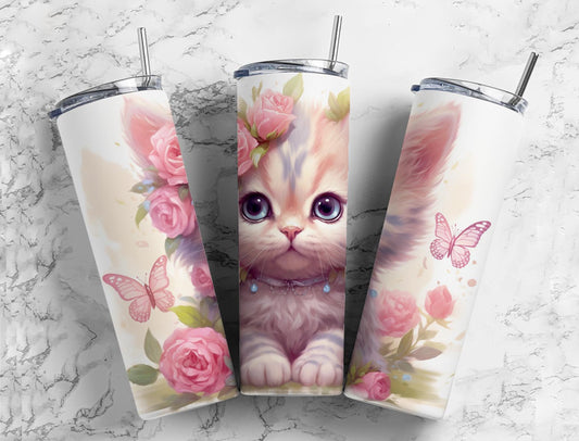 Pink Butterfly Cat 20oz Sublimation Tumbler Designs, Cute Cat 9.2 x 8.3”  Tumbler Png, Digital Download