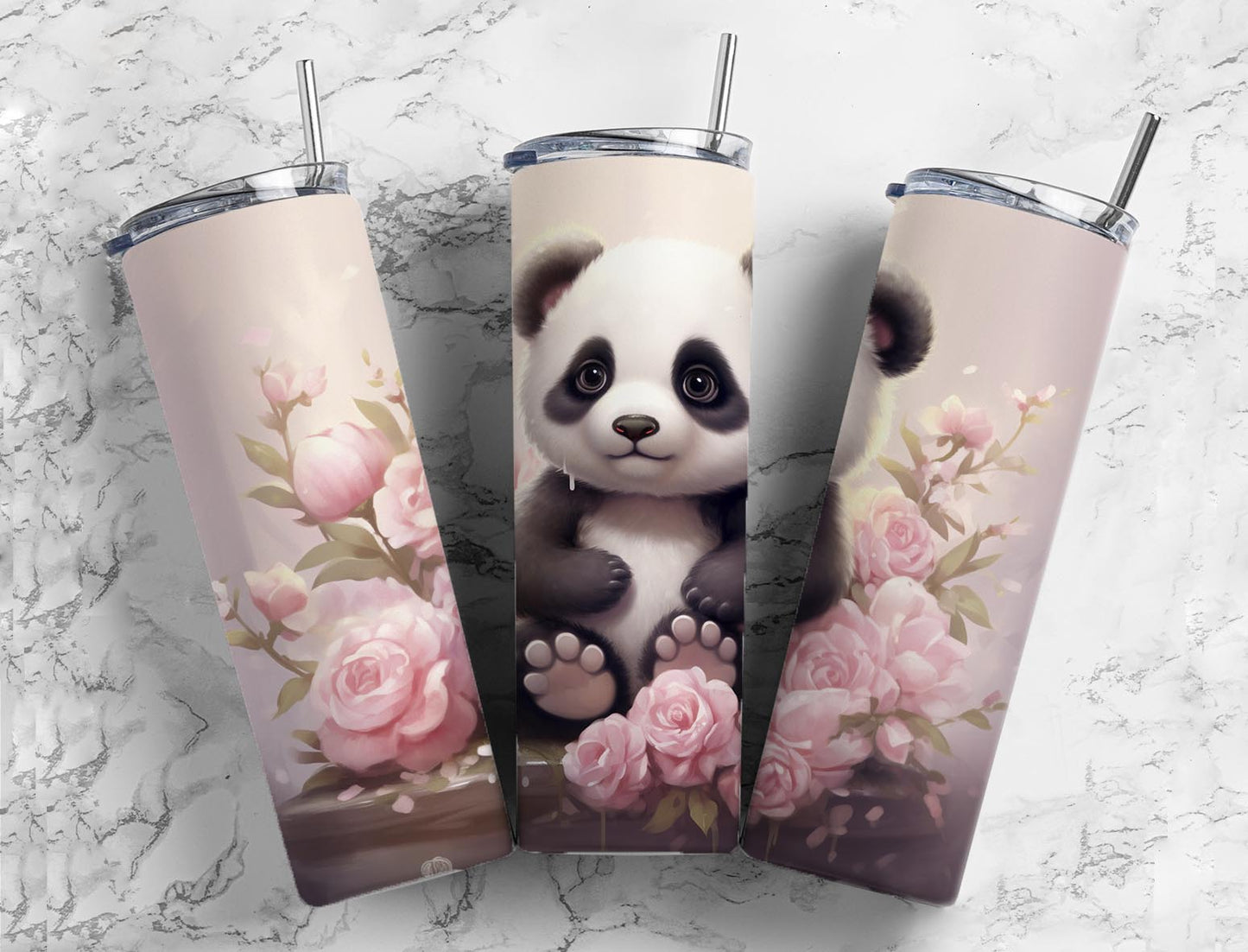 Pink Floral Flower Panda 20oz Sublimation Tumbler Designs, Cute Baby Panda 9.2 x 8.3”  Tumbler Png, Digital Download