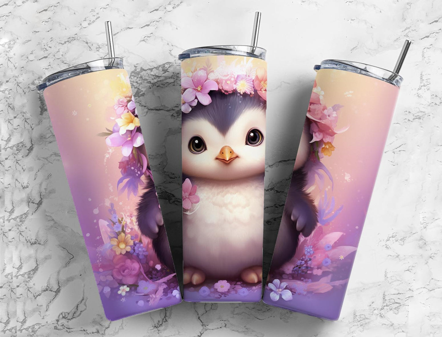 Purpler Flower Penguin 20oz Sublimation Tumbler Designs, Cute Baby Penguin 9.2 x 8.3”  Tumbler Png, Digital Download