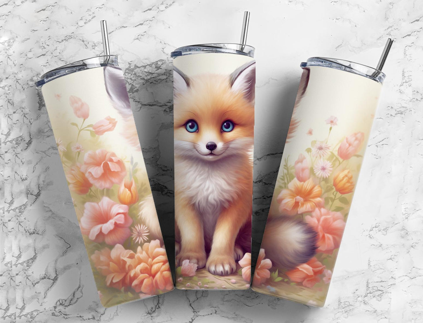 Pink Flower Fox 20oz Sublimation Tumbler Designs, Cute Fox 9.2 x 8.3”  Tumbler Png, Digital Download