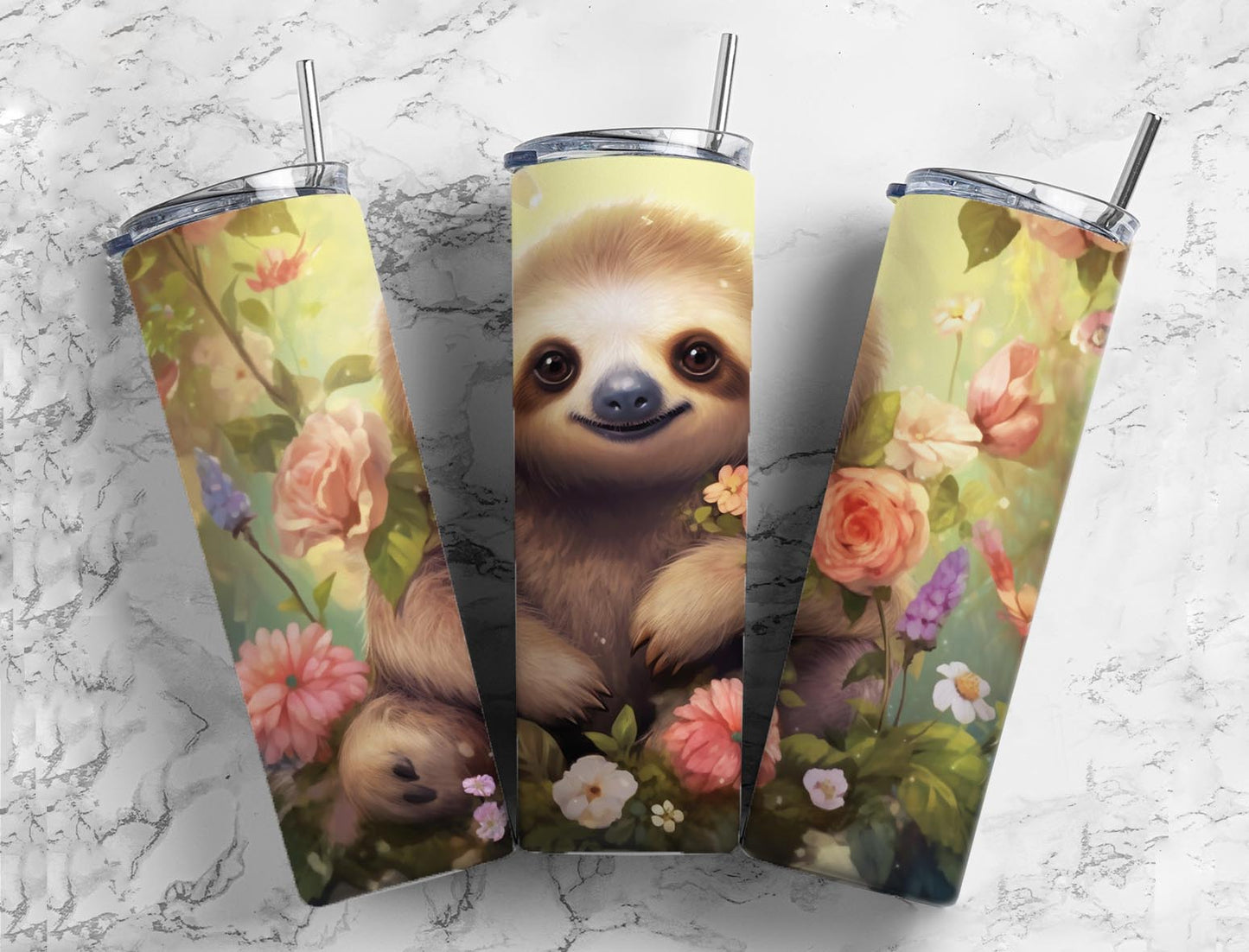 Colorful Flower Sloth 20oz Sublimation Tumbler Designs, Cute Sloth 9.2 x 8.3”  Tumbler Png, Digital Download