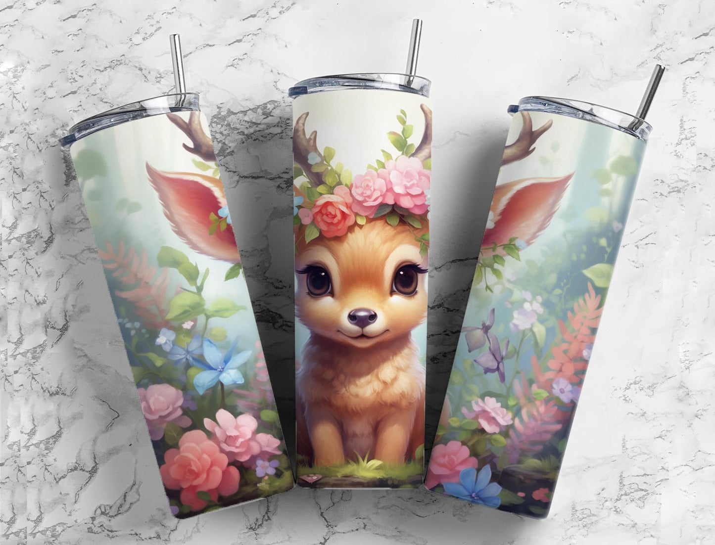 Colorful Flower Deer 20oz Sublimation Tumbler Designs, Cute Baby Deer 9.2 x 8.3”  Tumbler Png, Digital Download