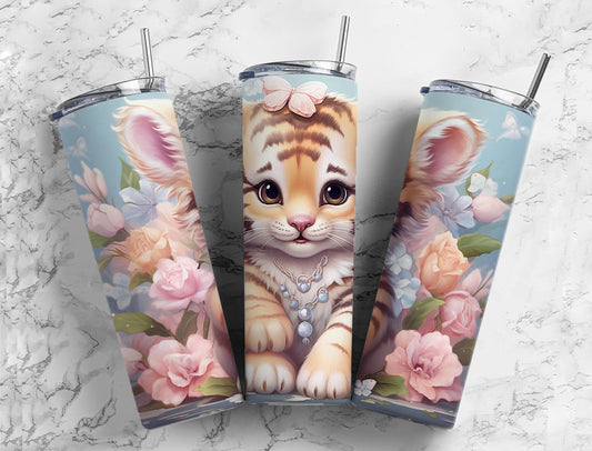 Pink Flower Tiger 20oz Sublimation Tumbler Designs, Baby Tiger 9.2 x 8.3”  Tumbler Png, Digital Download