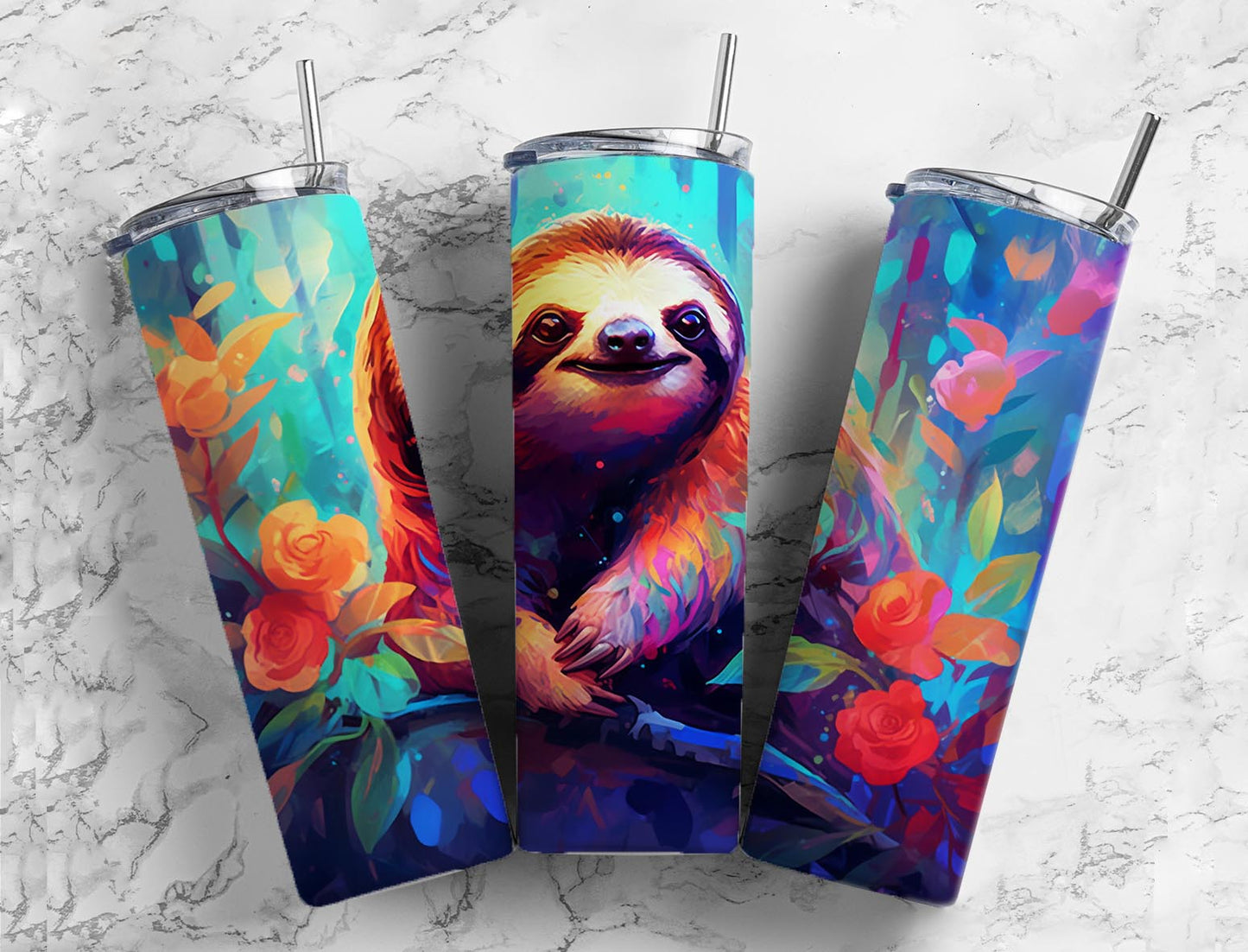 Colored Sloths 20oz Sublimation Tumbler Designs,Painted Animal 9.2 x 8.3”  Tumbler Png, Digital Download