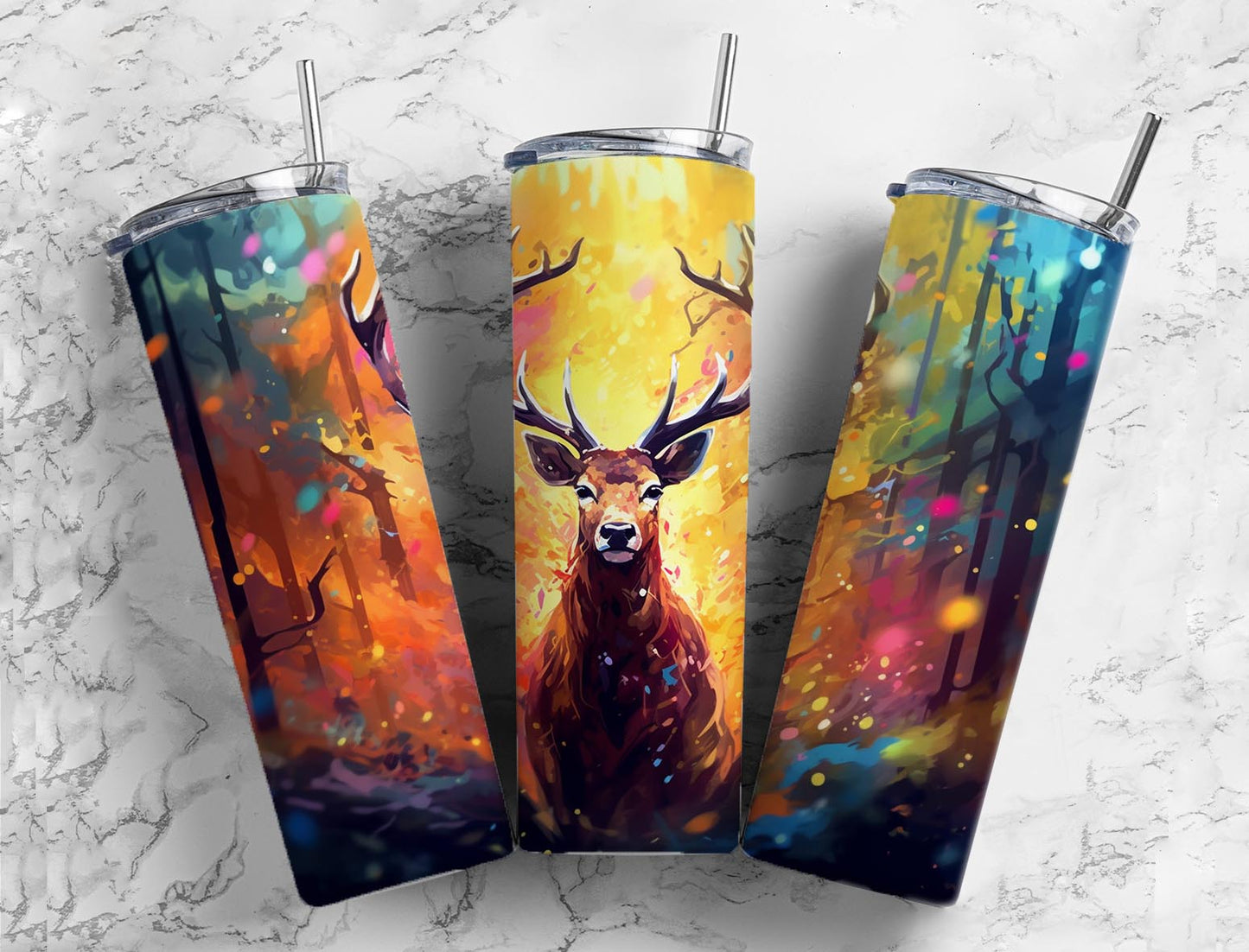 Sunset Reindeer 20oz Sublimation Tumbler Designs, Forest Splash Paint 9.2 x 8.3”  Tumbler Png, Digital Download