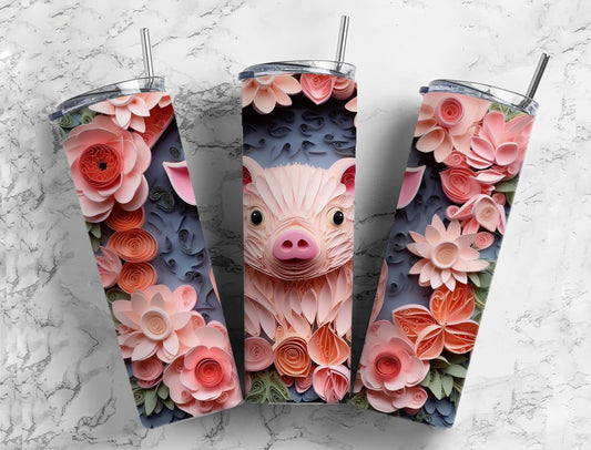 Pink Floral Piggy 20oz Sublimation Tumbler Designs, Flower Animal Arts 9.2 x 8.3”  Tumbler Png, Digital Download