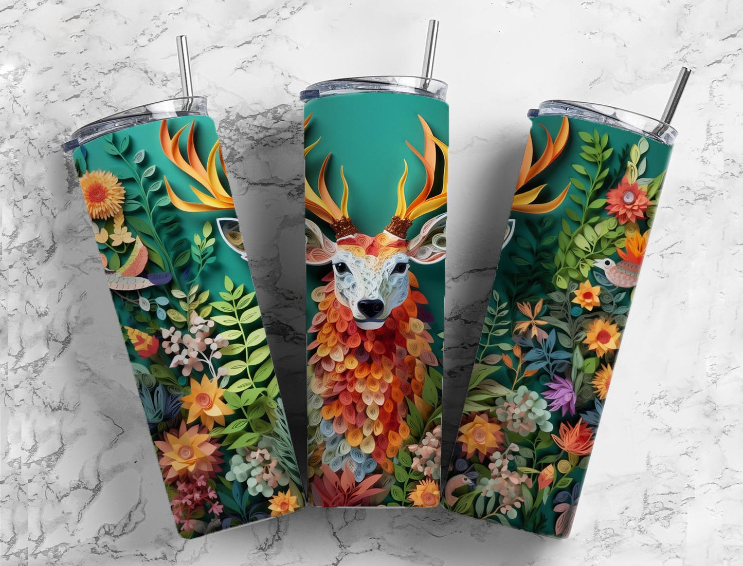 Raindeer Flower 20oz Sublimation Tumbler Designs, Flower Animals Arts 9.2 x 8.3”  Tumbler Png, Digital Download