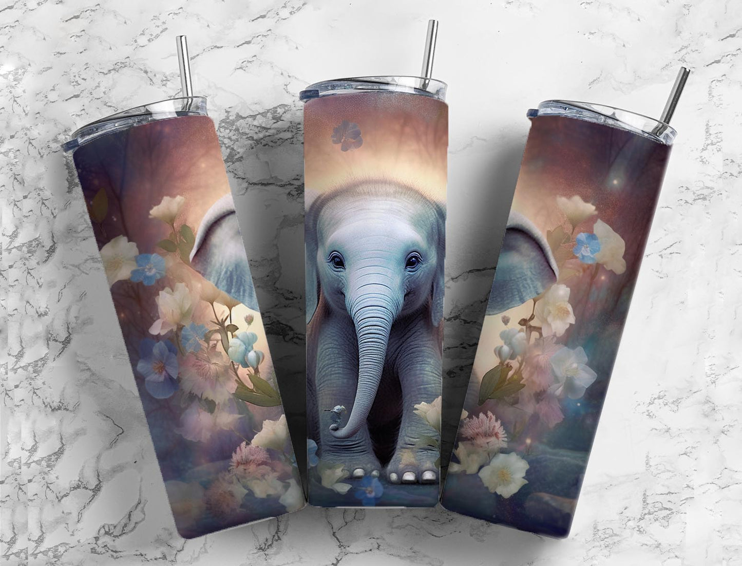 Baby Elephant 20oz Sublimation Tumbler Designs, Floral Elephant 9.2 x 8.3”  Tumbler Png, Digital Download