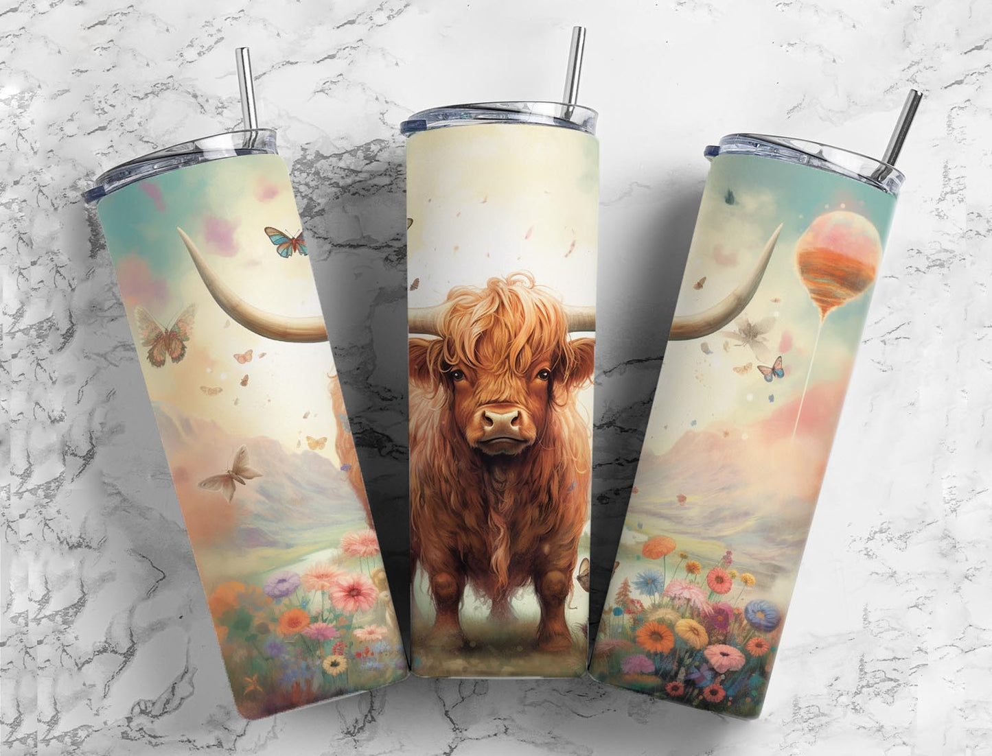 Butterfly Highland Cow 20oz Sublimation Tumbler Designs, Watercolor Paint 9.2 x 8.3”  Tumbler Png, Digital Download