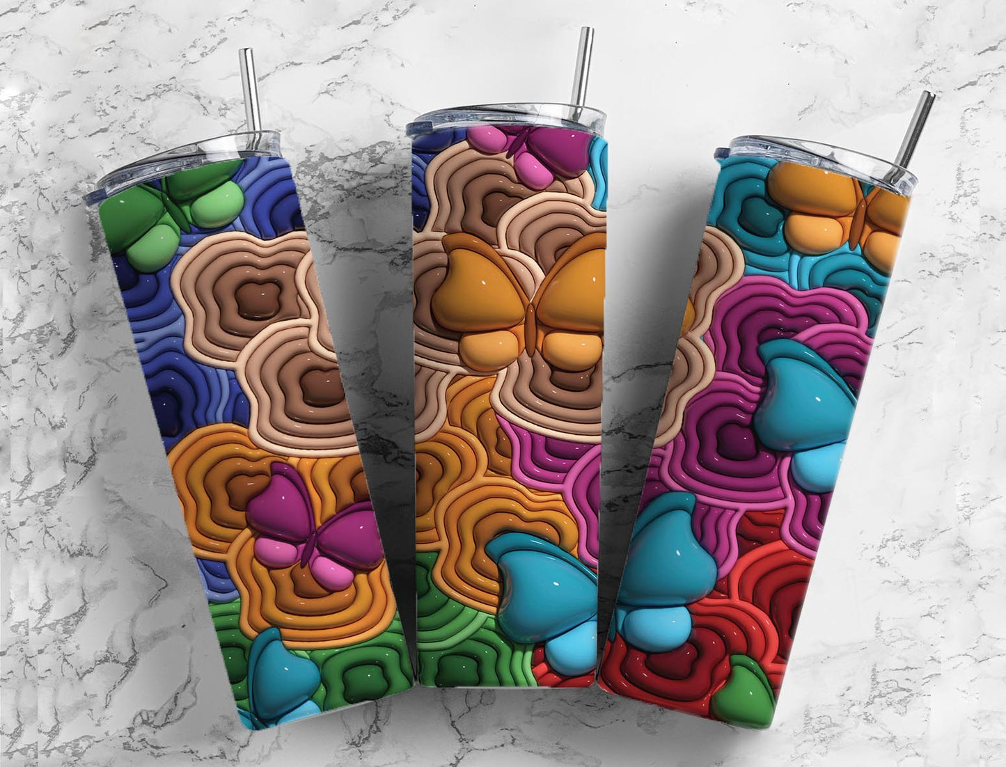 3D Inflated Butterflies 20oz Sublimation Tumbler Designs, Colored Butterflies 9.2 x 8.3”  Tumbler Png, Digital Download