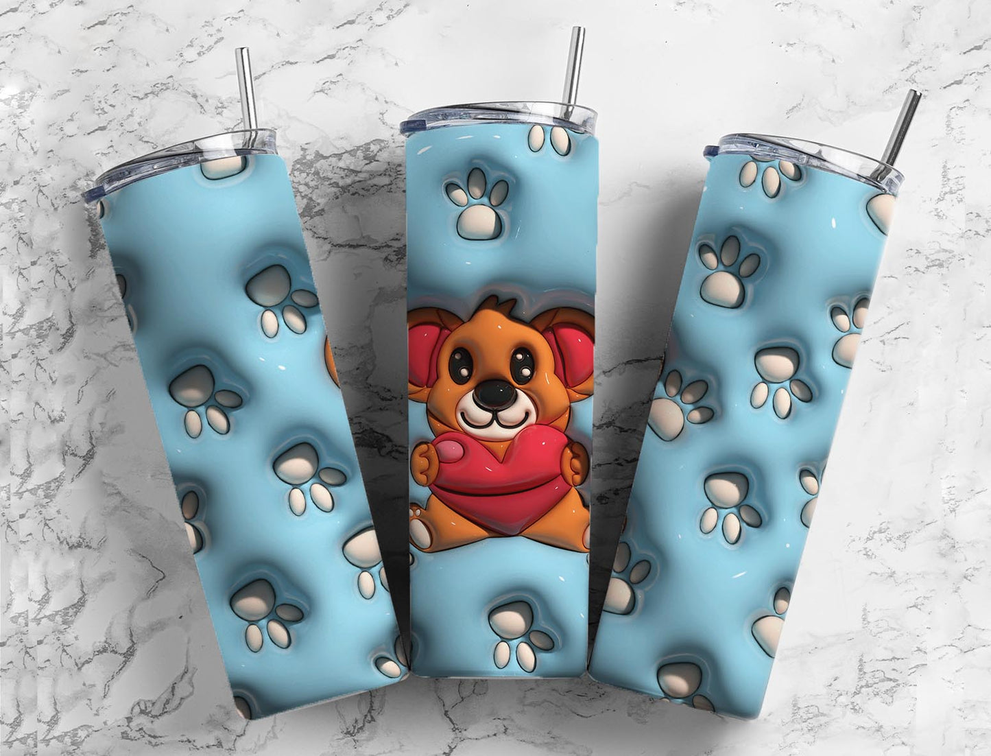 3D Inflated Bear 20oz Sublimation Tumbler Designs, Blue Heart Bear 9.2 x 8.3”  Tumbler Png, Digital Download