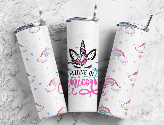 Believe in Unicorns 20oz Sublimation Tumbler Designs, Clouds Rainbow 9.2 x 8.3”  Tumbler Png, Digital Download