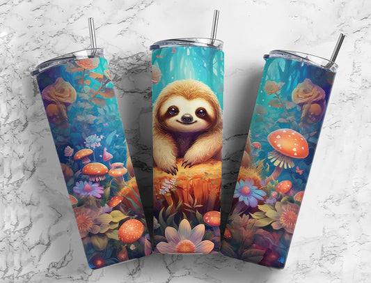 Brown Sloths Flower 20oz Sublimation Tumbler Designs, Watercolor Paint 9.2 x 8.3”  Tumbler Png, Digital Download