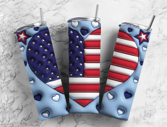 American Flag Hearts 20oz Sublimation Tumbler Designs, 3D Inflated 9.2 x 8.3”  Tumbler Png, Digital Download