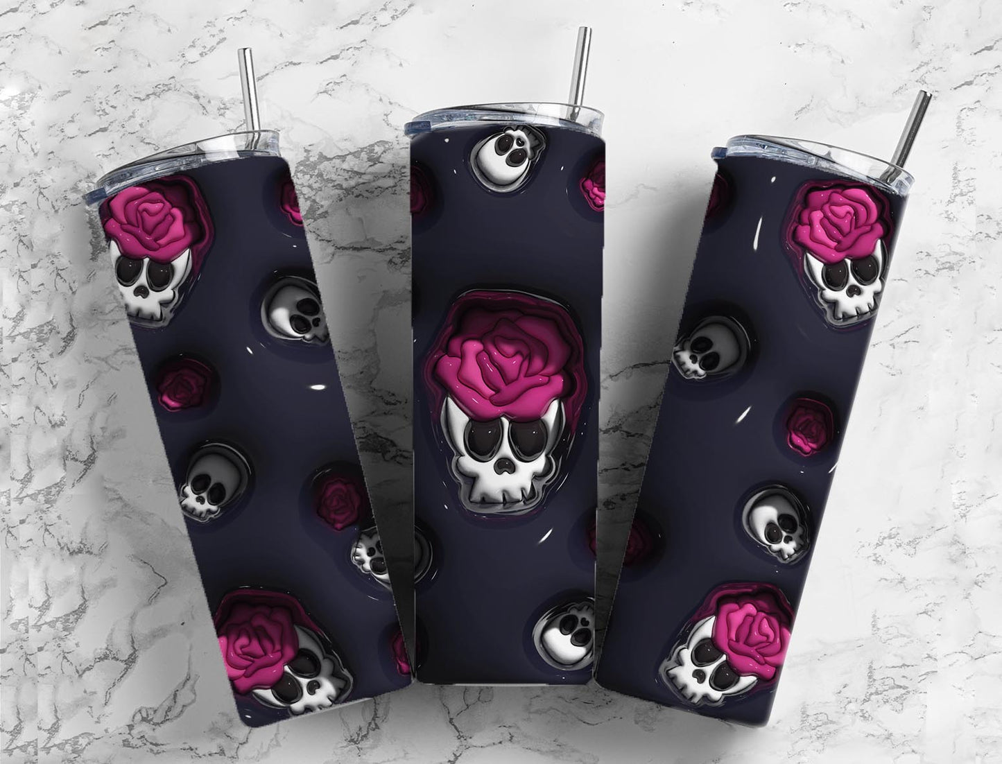 Skull aand Rose 20oz Sublimation Tumbler Designs, 3D Inflated puff 9.2 x 8.3 Tumbler Png, Digital Download