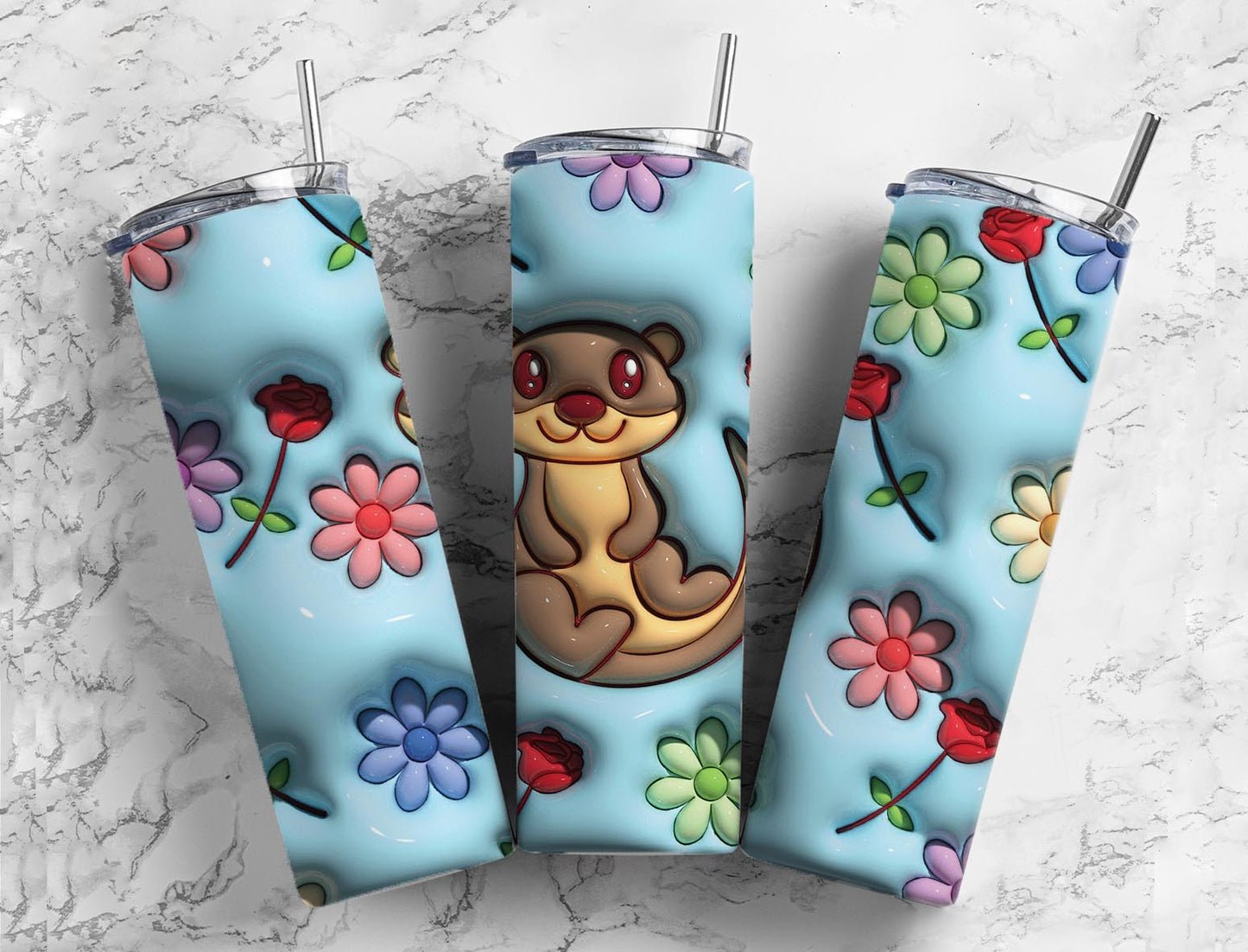 Raccoon Flower 20oz Sublimation Tumbler Designs, 3D Inflated 9.2 x 8.3”  Tumbler Png, Digital Download