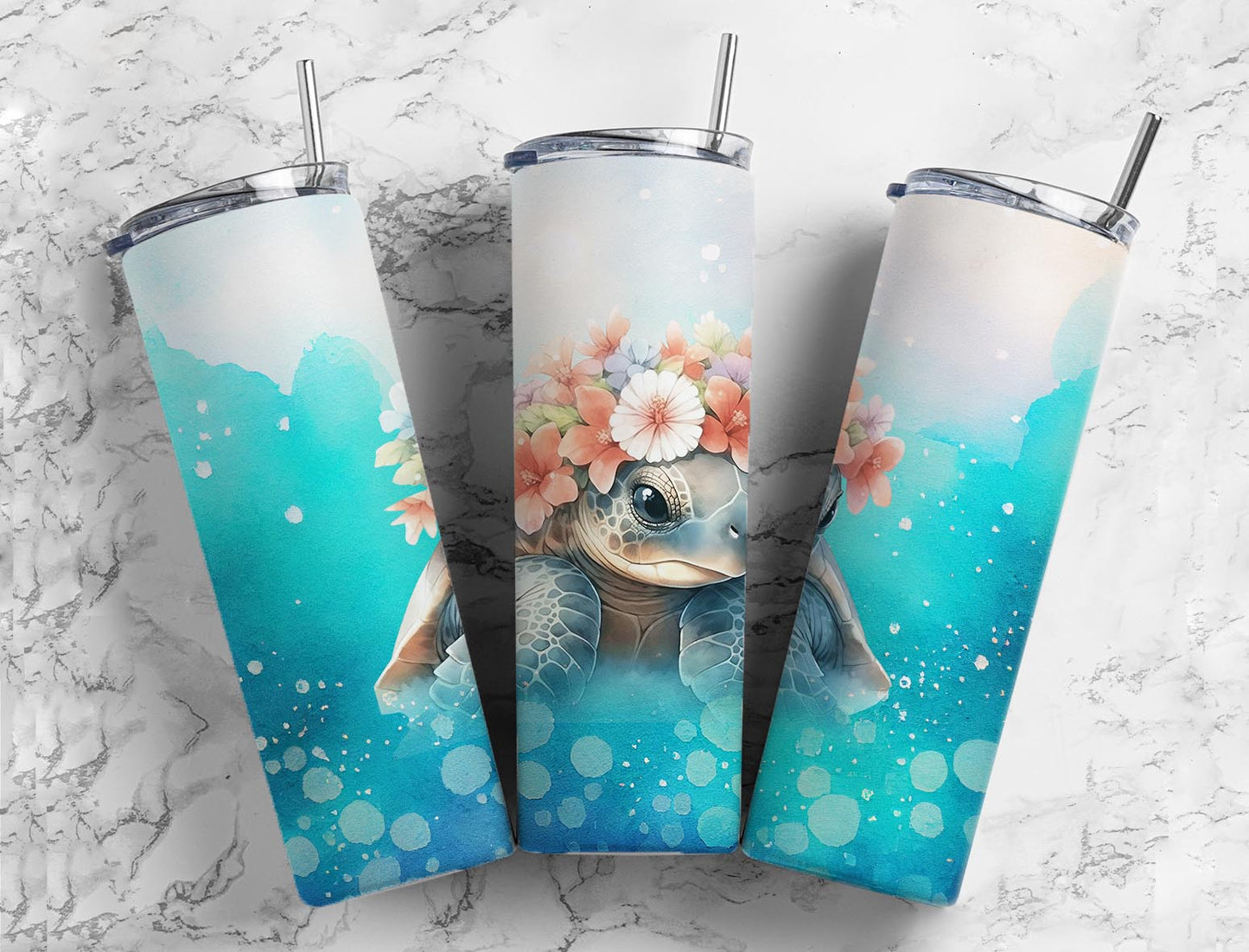 Turtle Flower 20oz Sublimation Tumbler Designs, Splash Blue 9.2 x 8.3”  Tumbler Png, Digital Download