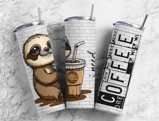 Coffee Sloth 20oz Sublimation Tumbler Designs, Splash Cup 9.2 x 8.3”  Tumbler Png, Digital Download