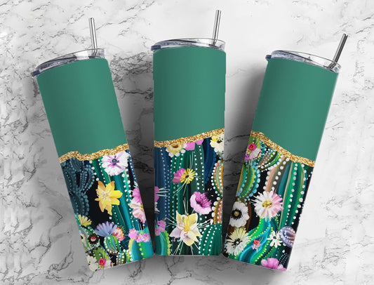 Western Floral 20oz Sublimation Tumbler Designs, Agate Glitter Green 9.2 x 8.3” Straight Skinny Tumbler Wrap PNG