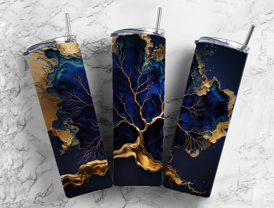 Dark blue 20oz Sublimation Tumbler Designs, Gold tree 9.2 x 8.3” Straight Skinny Tumbler Wrap PNG