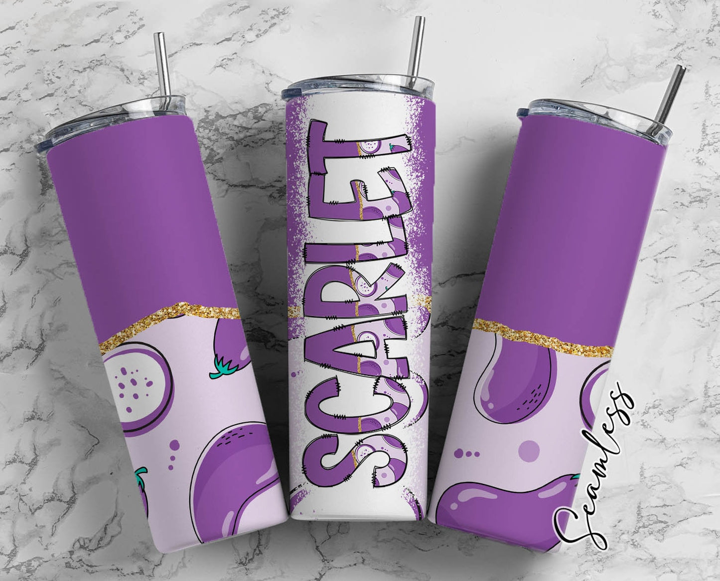 Purple Eggplant Tumbler Wrap with Matching Doodle Letter Alphabet PNG, Aesthetic Add your Own name 20oz Tumbler, Alpha Set PNG 189