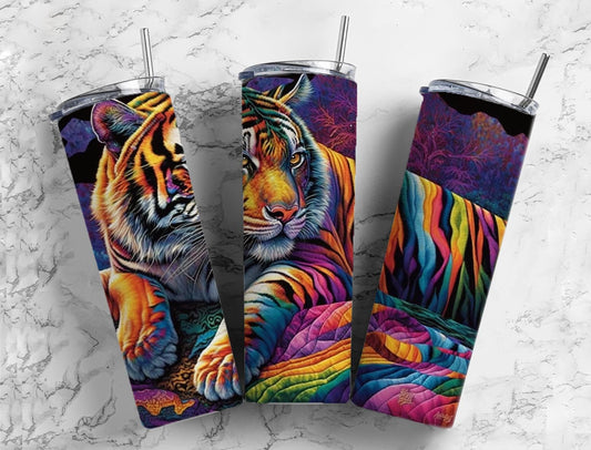 Tiger 20oz Sublimation Tumbler Designs, Rainbow Patchwork Quilt 9.2 x 8.3” Straight Skinny Tumbler, Tumbler Wrap PNG