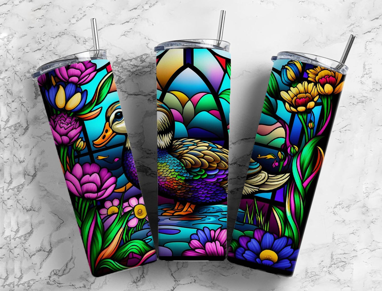 Duck stained Glass 20oz Sublimation Tumbler Designs, Rainbow floral 9.2 x 8.3” Straight Skinny Tumbler Wrap