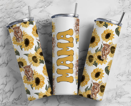 Sunflower Highland Cow 20oz Sublimation Tumbler Designs, Retro Mama 9.2 x 8.3” Straight Skinny Tumbler Wrap PNG, Mom Tumbler