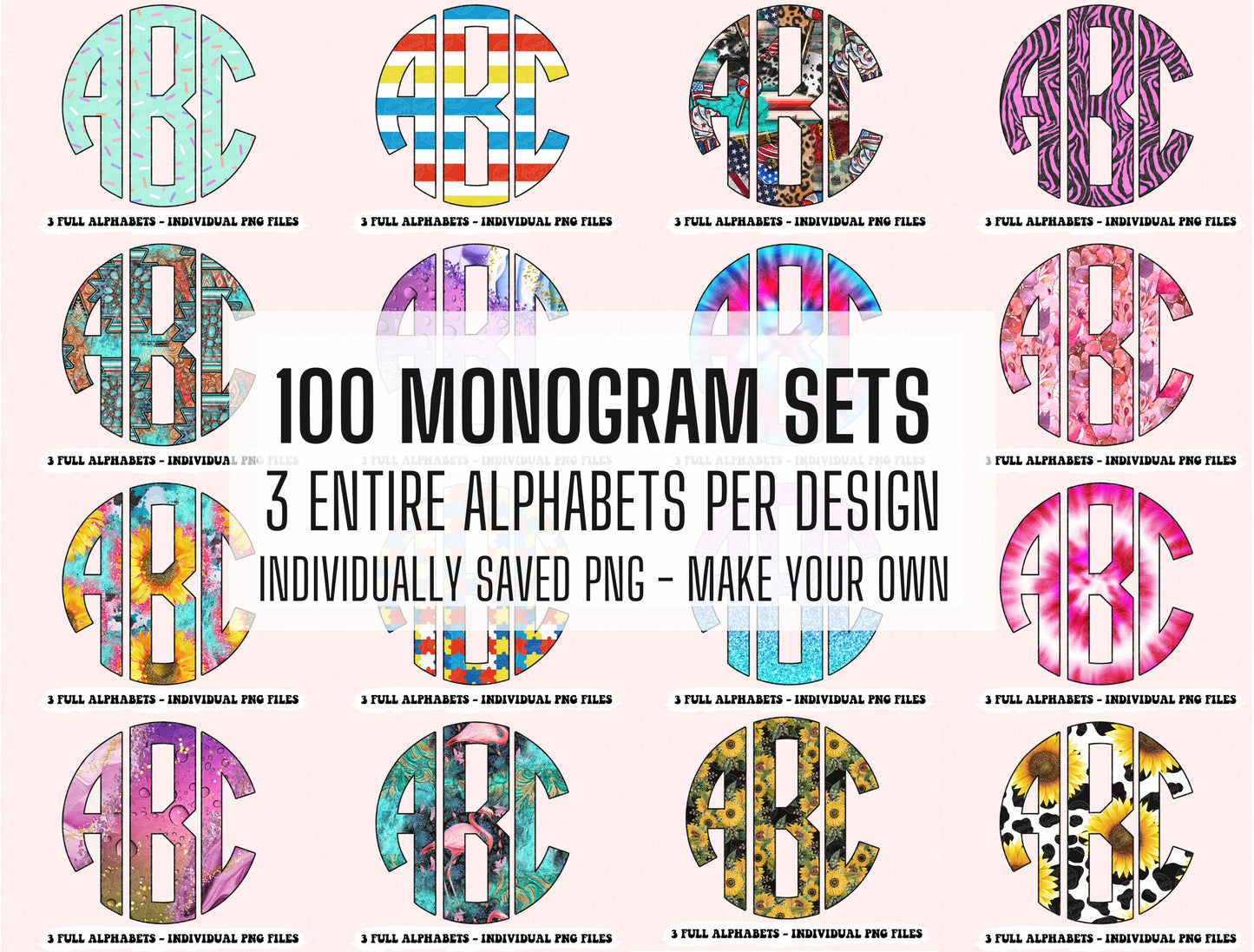 100+ MEGA BUNDLE, Monogram Alphabet, 3x Entire Alphabets per design, Individually Saved PNG, pack, Sublimation letters