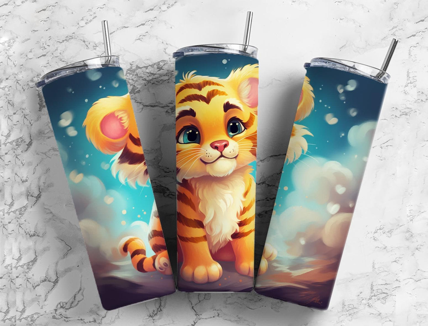 Baby tiger 20oz Sublimation Tumbler Designs, cartoon clouds 9.2 x 8.3” Straight Skinny Tumbler Wrap PNG