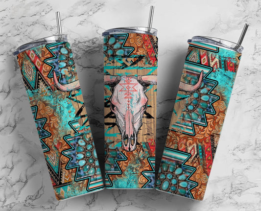 Bull Skull Sunflower 20oz Sublimation Tumbler Designs, Tribal 9.2 x 8.3” Straight Skinny Tumbler, Aztec Turquoise Wrap PNG