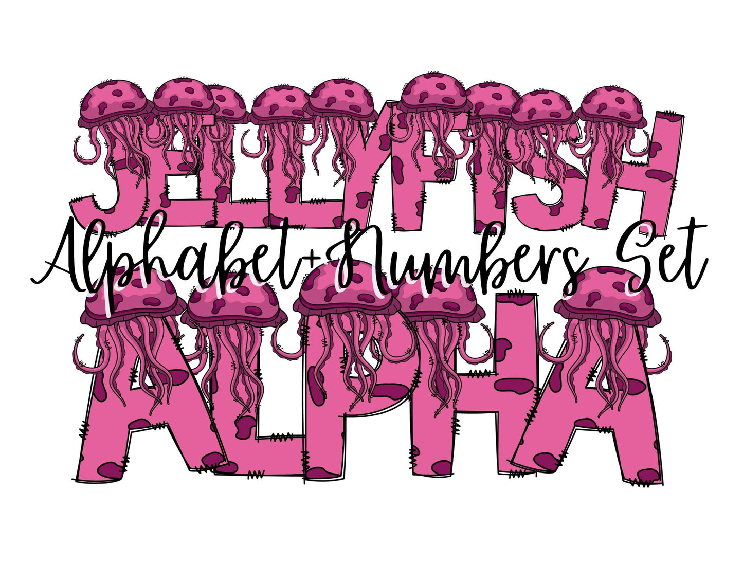 Jellyfish Doodle Letters Alphabet with Uppercase and Numbers PNG, Alphabet PNG Digital Download PNG