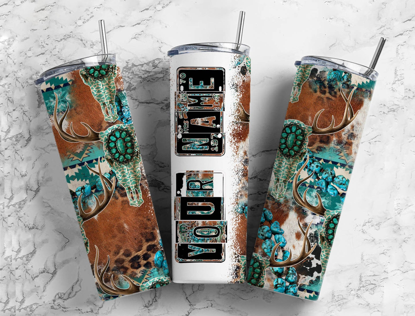 Deer antler Number Plate 20 oz Tumbler with Matching Alphabet PNG, Turquoise and brown Alphabet PNG Digital Download