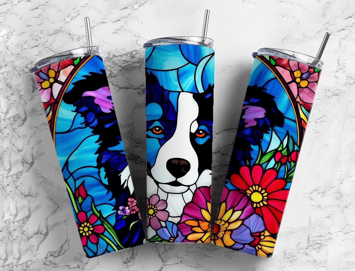 Border collie 20oz Sublimation Tumbler Designs, Stained glass 9.2 x 8.3” Straight Skinny Tumbler Wrap PNG