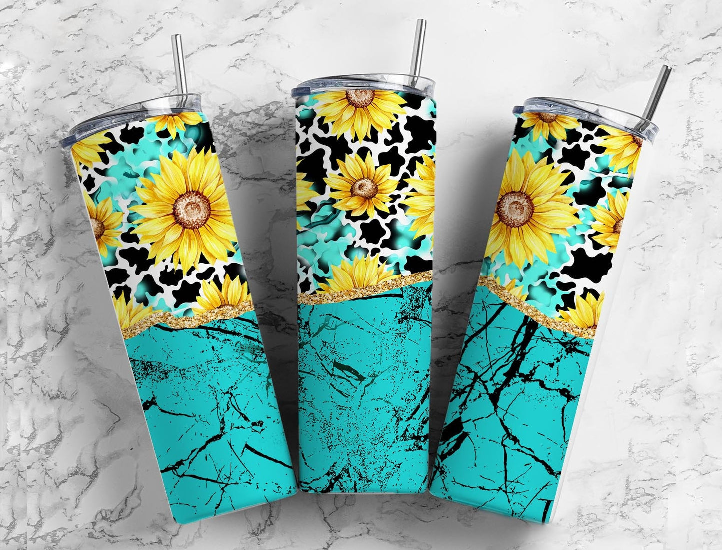 Sunflower Cow Turquoise 20oz Sublimation Tumbler Designs, Teal and Leopard Country Western 9.2 x 8.3” Straight Skinny Tumbler Wrap PNG