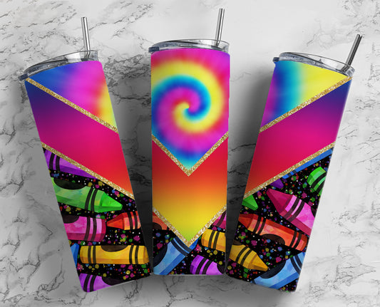 Teacher Crayon 20oz Sublimation Tumbler Designs, Tie Dye Fluro 9.2 x 8.3” Straight Skinny Tumbler Wrap PNG 20