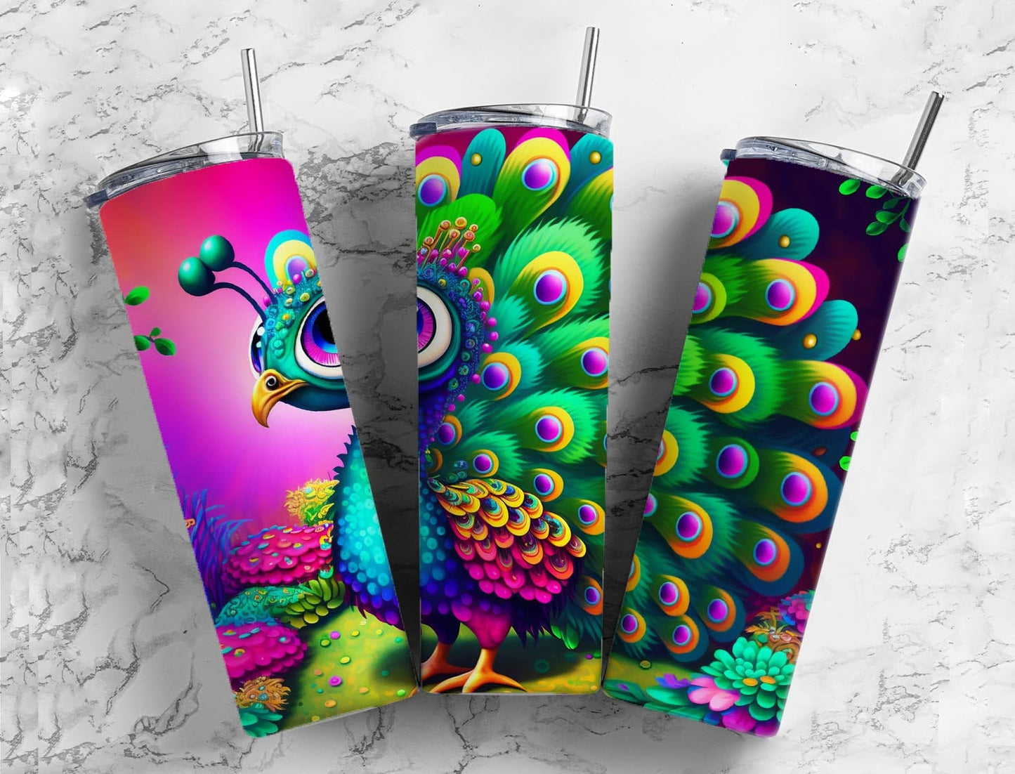 Cartoon peacock 20oz Sublimation Tumbler Designs, Colorful rainbow 9.2 x 8.3” Straight Skinny Tumbler Wrap PNG