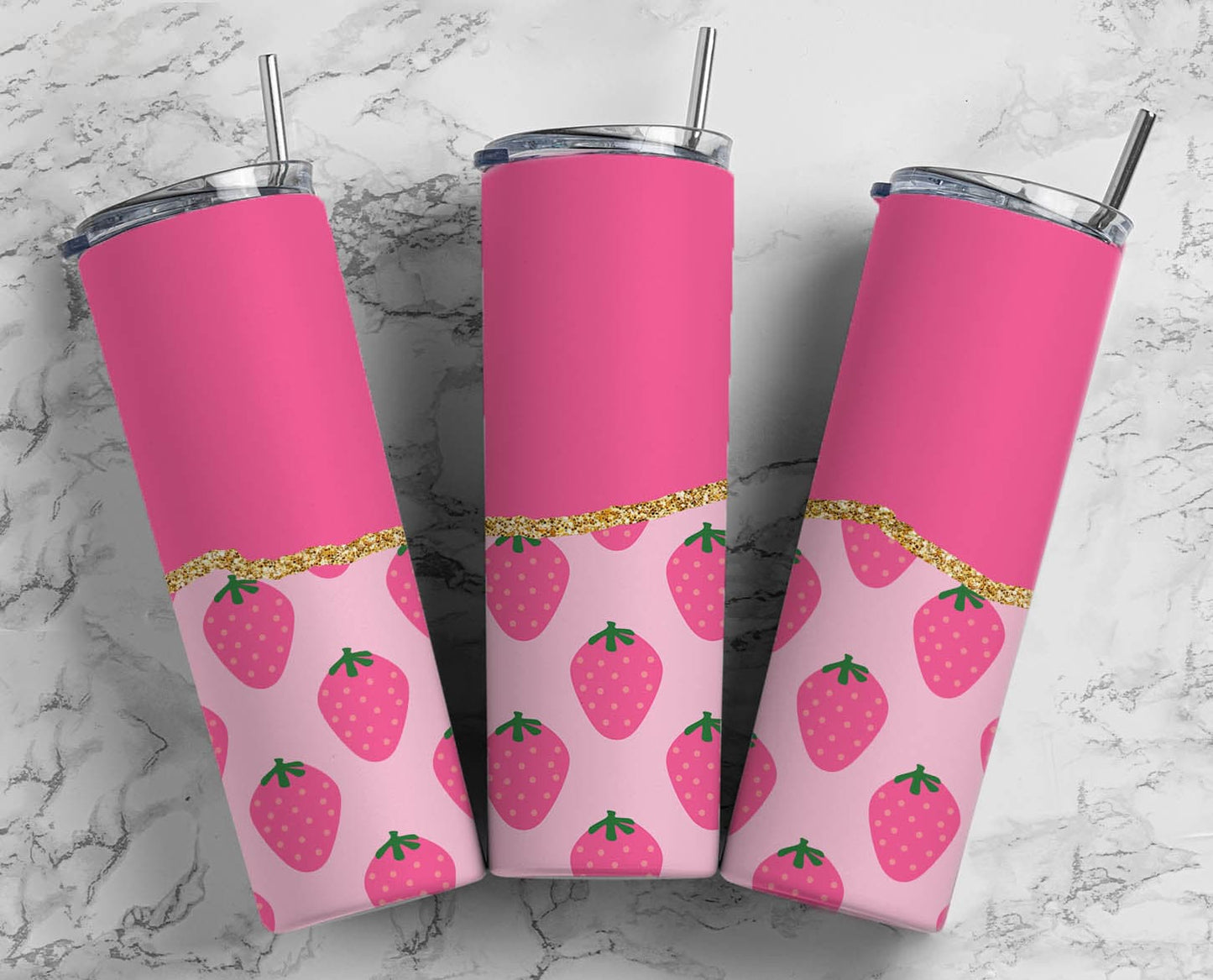 Strawberry Pink 20oz Sublimation Tumbler Designs, Gold Agate Line 9.2 x 8.3” Straight Skinny Tumbler Wrap PNG 192