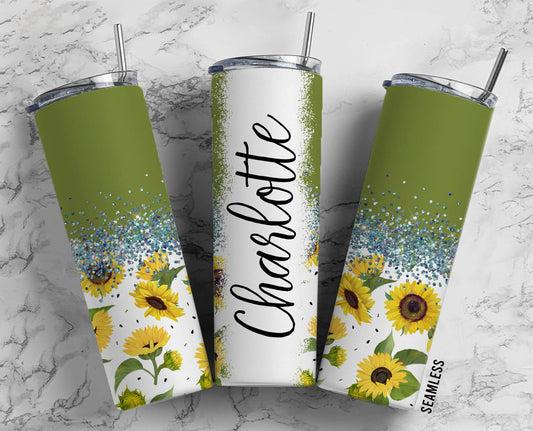 Sunflower Flowers 20oz Sublimation Tumbler Designs, Green Floral 9.2 x 8.3” Straight Skinny Tumbler Wrap PNG 127