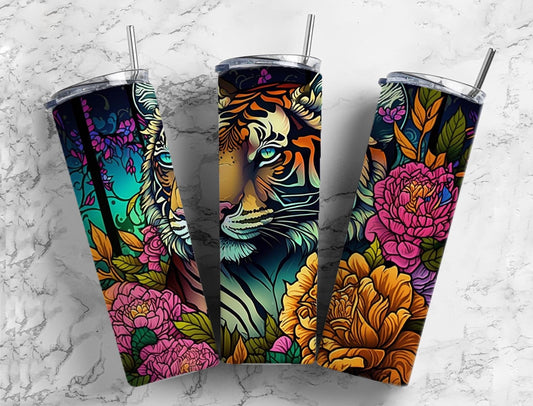 Stained glass tiger 20oz Sublimation Tumbler Designs, rainbow neon 9.2 x 8.3” Straight Skinny Tumbler Wrap