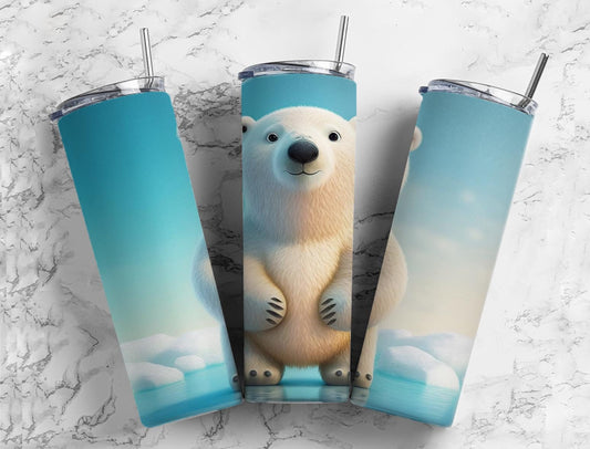 Cartoon polar bear 20oz Sublimation Tumbler Designs, ice landscape 9.2 x 8.3” Straight Skinny Tumbler Wrap PNG