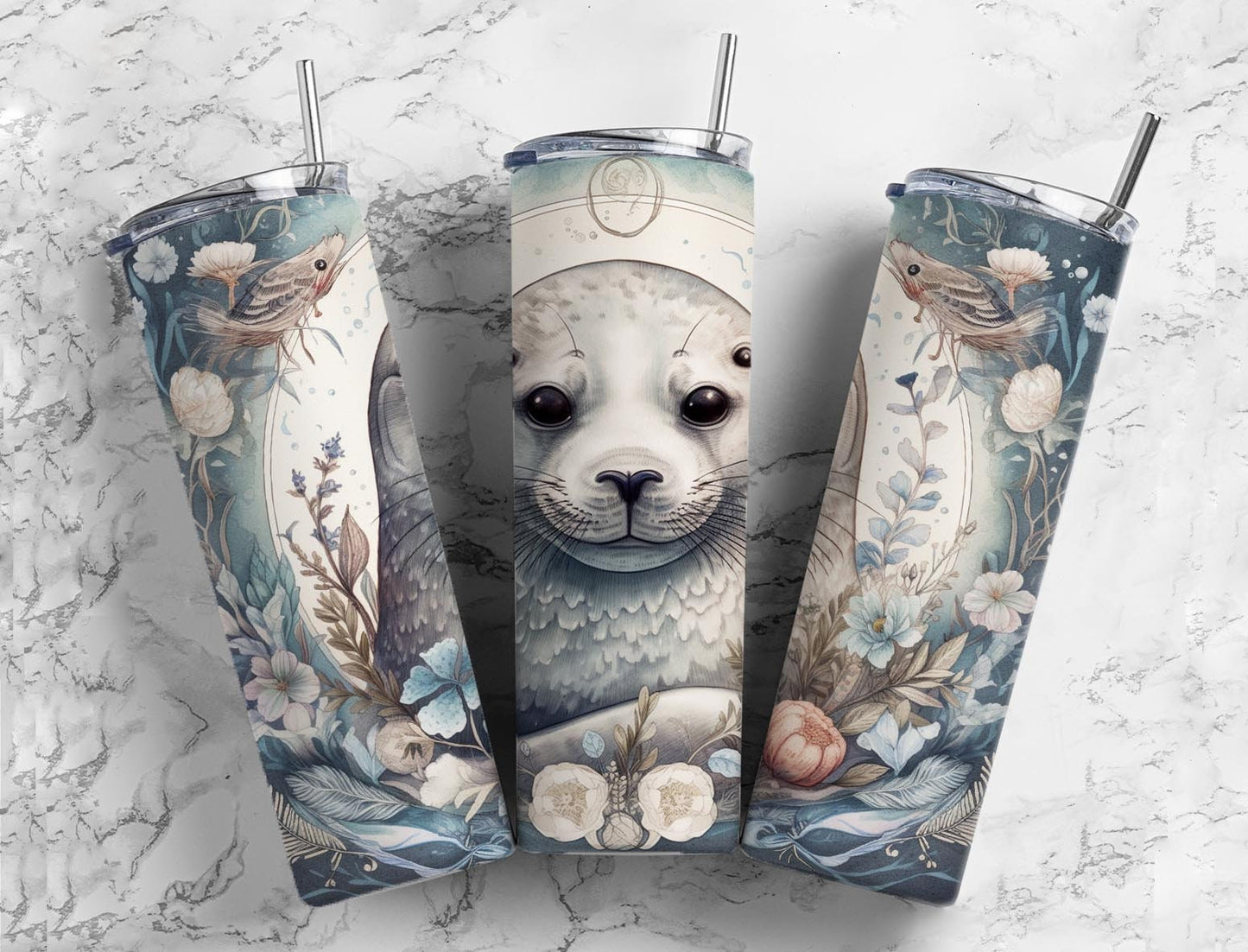 Seal floral 20oz Sublimation Tumbler Designs, ocean 9.2 x 8.3” Straight Skinny Tumbler Wrap PNG