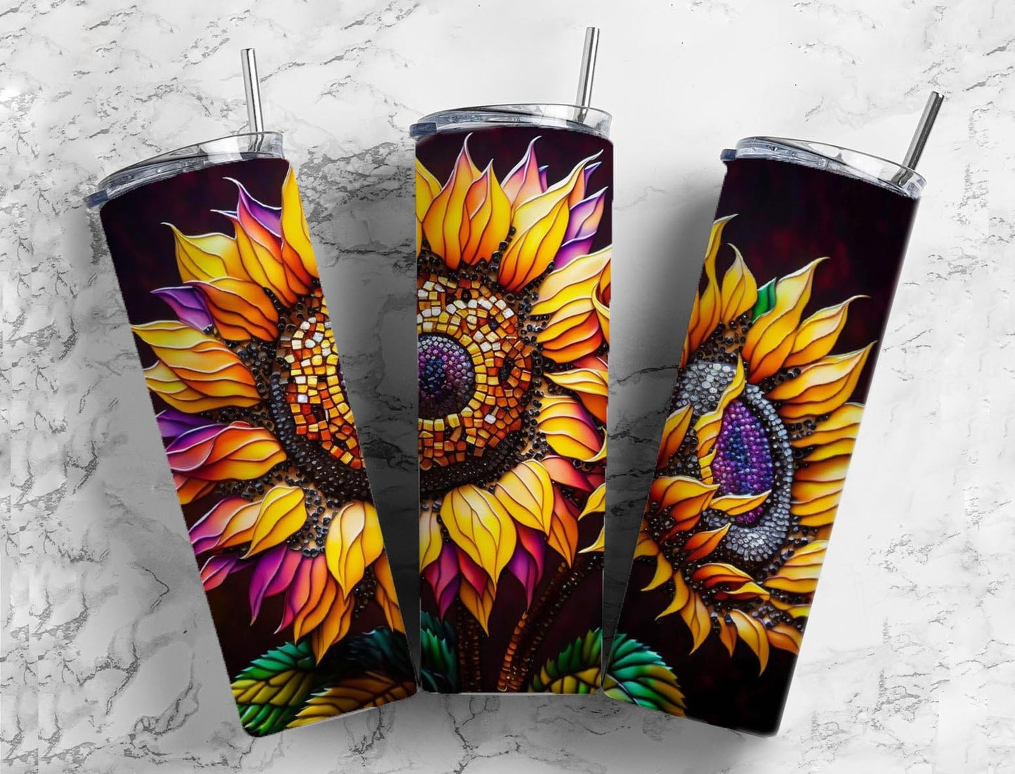 Sunflower floral 20oz Sublimation Tumbler Designs, Purple background 9.2 x 8.3” Straight Skinny Tumbler Wrap PNG